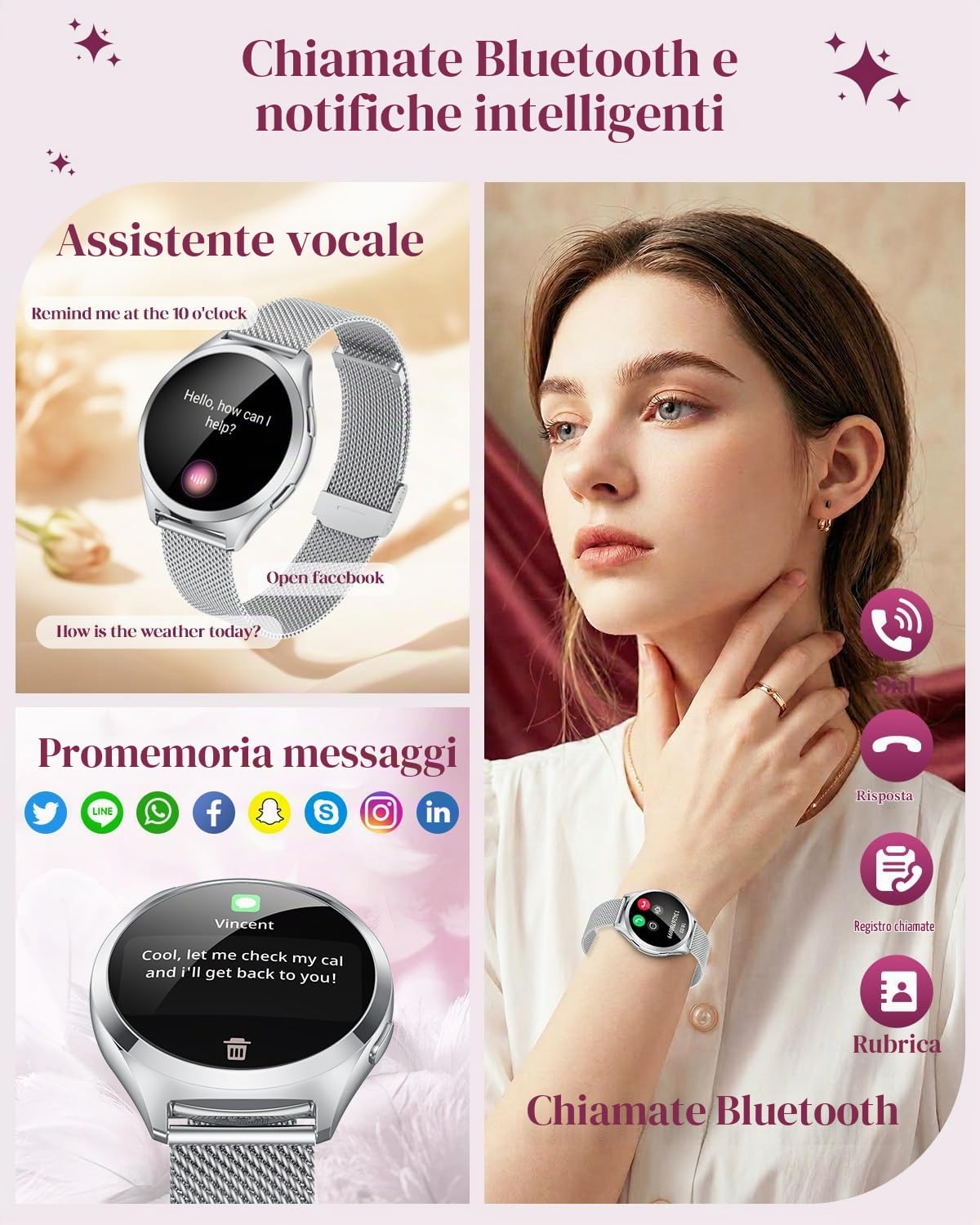 Smartwatch Donna Orologio con Chiamate Bluetooth: 1.27" Orologio Intelligente 100 Modalità Sportivo Smart Watch con Assistente Vocale Fitness Tracker IP68 Impermeabile Contapassi Polso per Android iOS