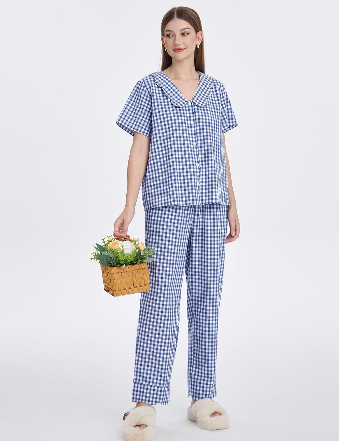 Kissonic Womens Gingham Pajama Set Cute Cotton Ruffle Pajamas Cozy Plaid Y2K Pjs Babydoll Sleepwear - Image 3