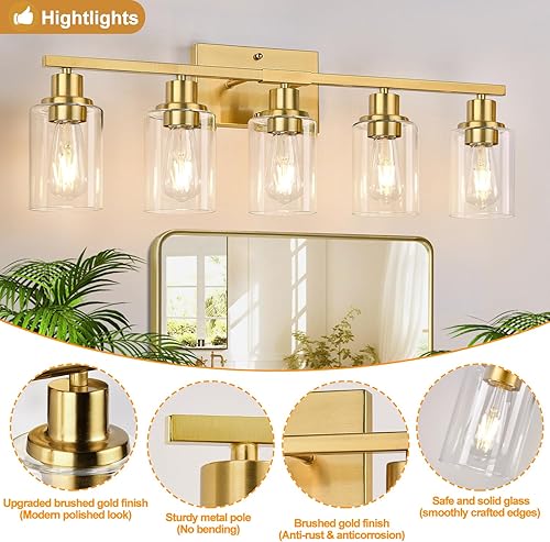 Miniatura 127 de Lámparas de baño de 3 luces, luces de tocador de latón para baño con pantallas de vidrio transparente, modernos apliques de pared de baño