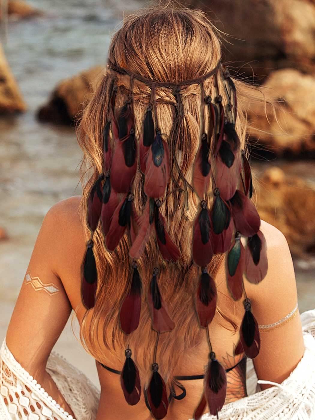 GORTINBoho Feather Headband Gypsy Headpiece Headdress Bohemian Hippie Headbands Indian Festival Hair Band Adjust Long Feather Hair Accessories for Women and Girls (Brown)