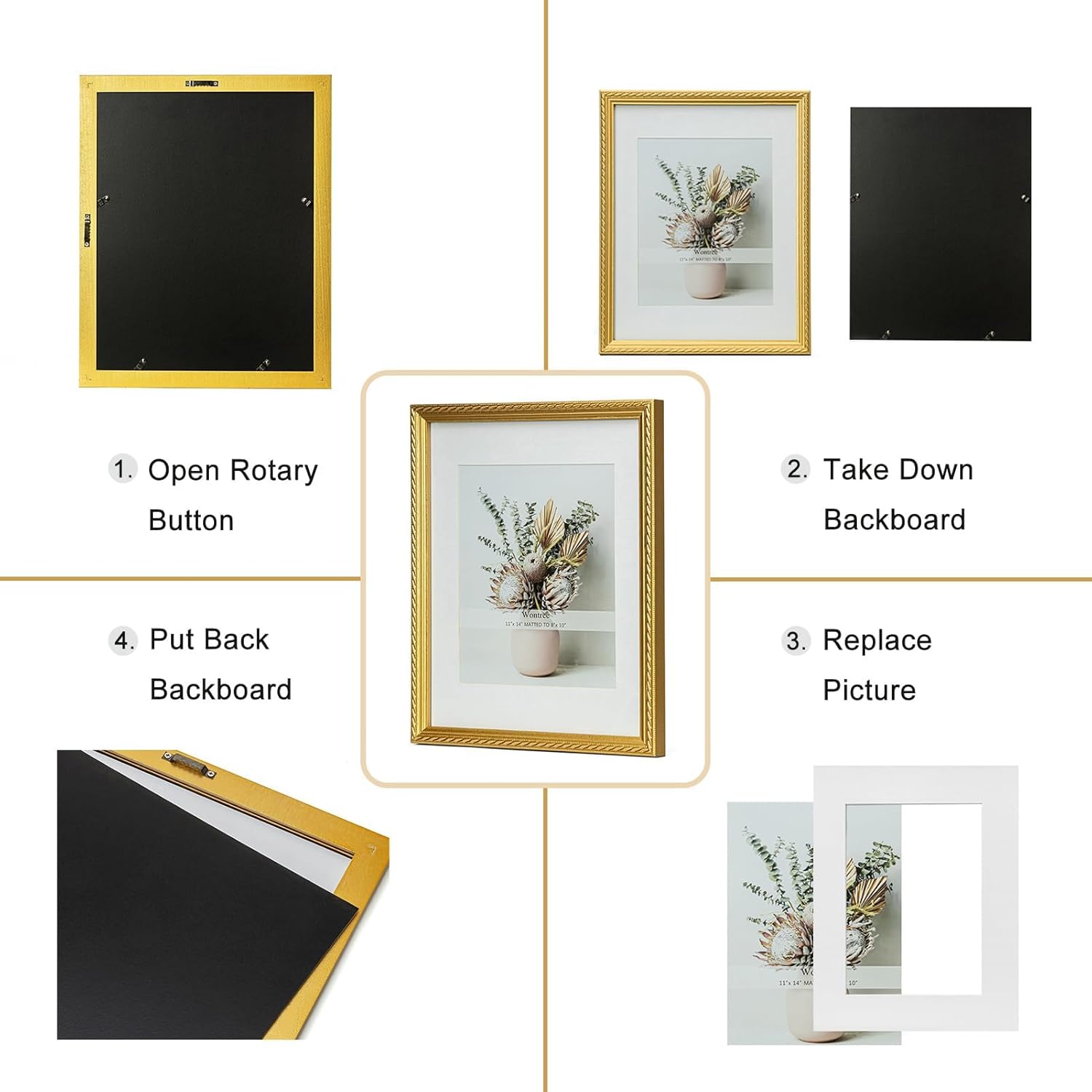 11x14 Picture Frame Ornate in Gold with Bead Border and Central Rope, Solid Wood with Real Glass, Display 11x14 Photo Matted to 8x10, Vertical and Horizontal for Wall Hanging