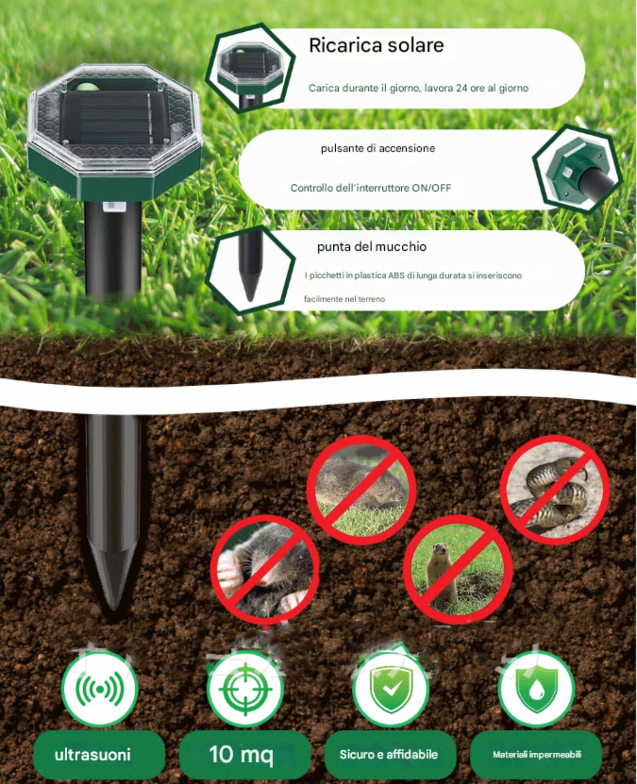 Repelente de topos ultrasónicos solares 8 piezas, repelente para ratones impermeable que aleja a los ratones de forma profesional. Adecuado para repeler serpientes y roedores en jardines y tierras