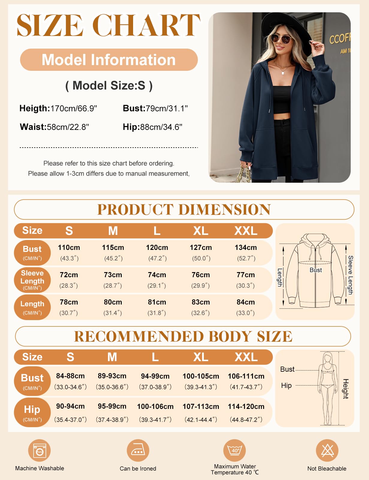 Vancavoo Sudadera Larga Mujer con Capucha y Cremallera Chaqueta Otoño | Sweatshirt Casual, Chaqueta Algodón con Felpa Ligera, Manga Raglán, Cremallera Doble y Bolsillos Laterales