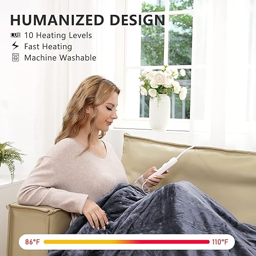 Miniatura 3 de Tuffen Manta térmica eléctrica, extremadamente suave y acogedora manta de franela Sherpa con un solo controlador, 10 niveles de calefacción y 4