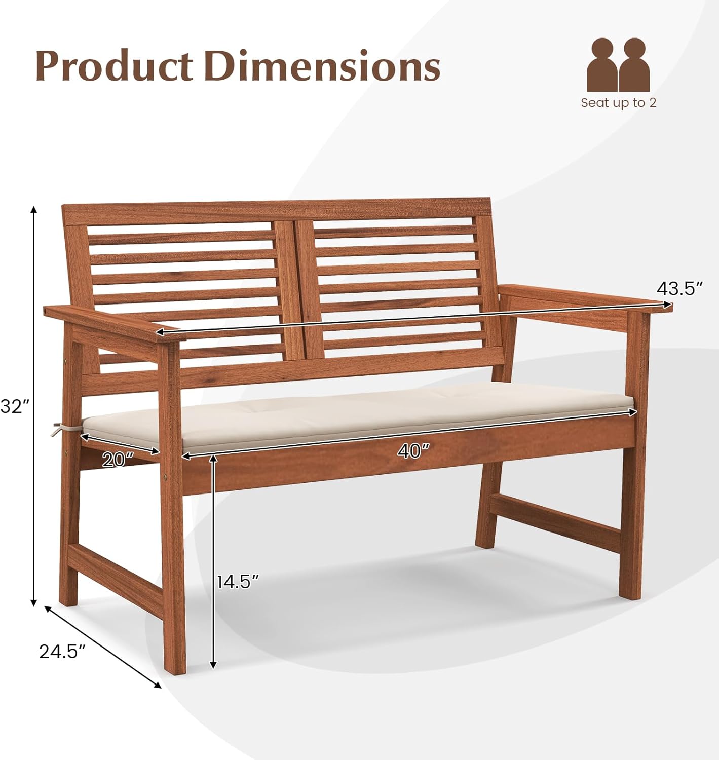 Tangkula Outdoor Bench with Cushion, 2-Person Patio Bench with Slatted Back & Seat, Removable Cushion, Conversation Loveseat Chair for Porch Lawn Garden Backyard Balcony (Off White)