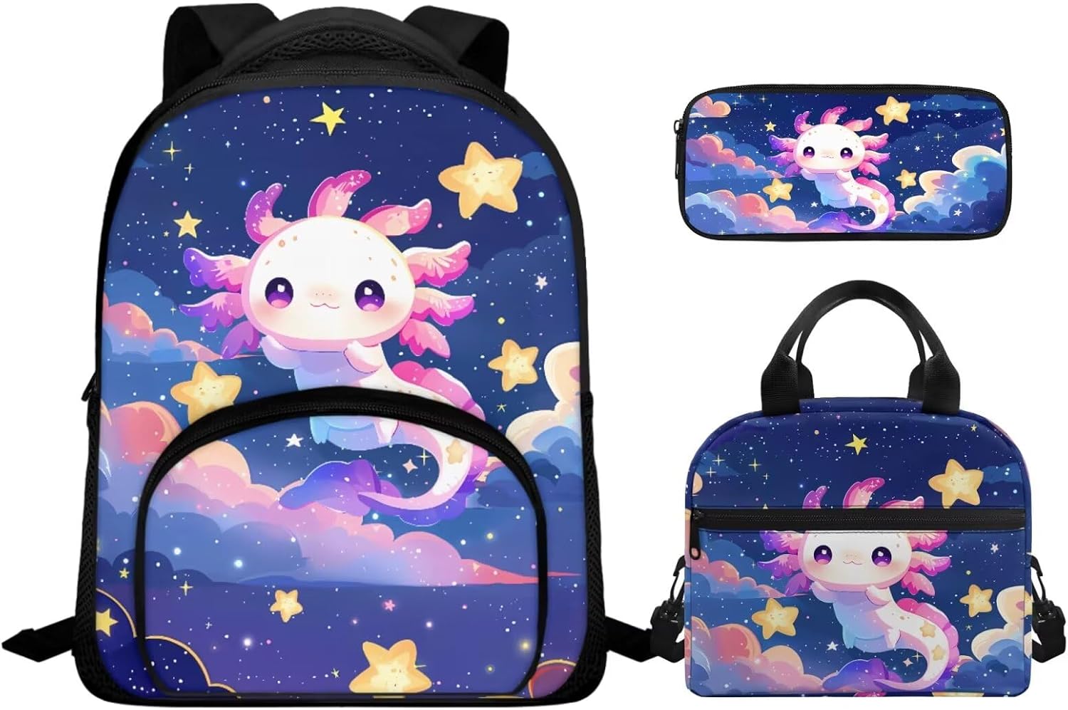 Tuoxiukan Axolotl Backpack for Girls 12 In Little Kids Backpack and Lunch Box Set Lightweight Comfortable Shoulder Bag Adjustable Straps Zipper Schoolbag Insulated Lunch Bag Pencil Pouch 3 In 1