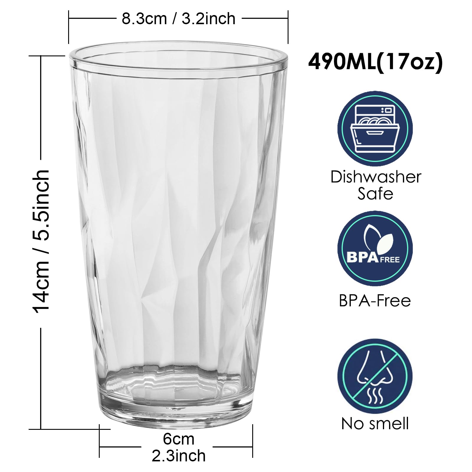 Chuboir 490ml Plastic Drinking Glasses, Set of 4 Stackable Clear Acrylic Tumbler Glasses - Image 2