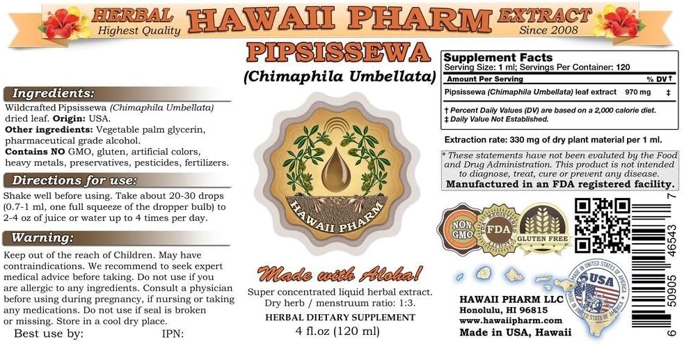 Hawaii Pharm Pipsissewa Liquid Extract, Pipsissewa (Chimaphila umbellata) Tincture, Herbal Supplement, Made in USA, 4 fl.oz