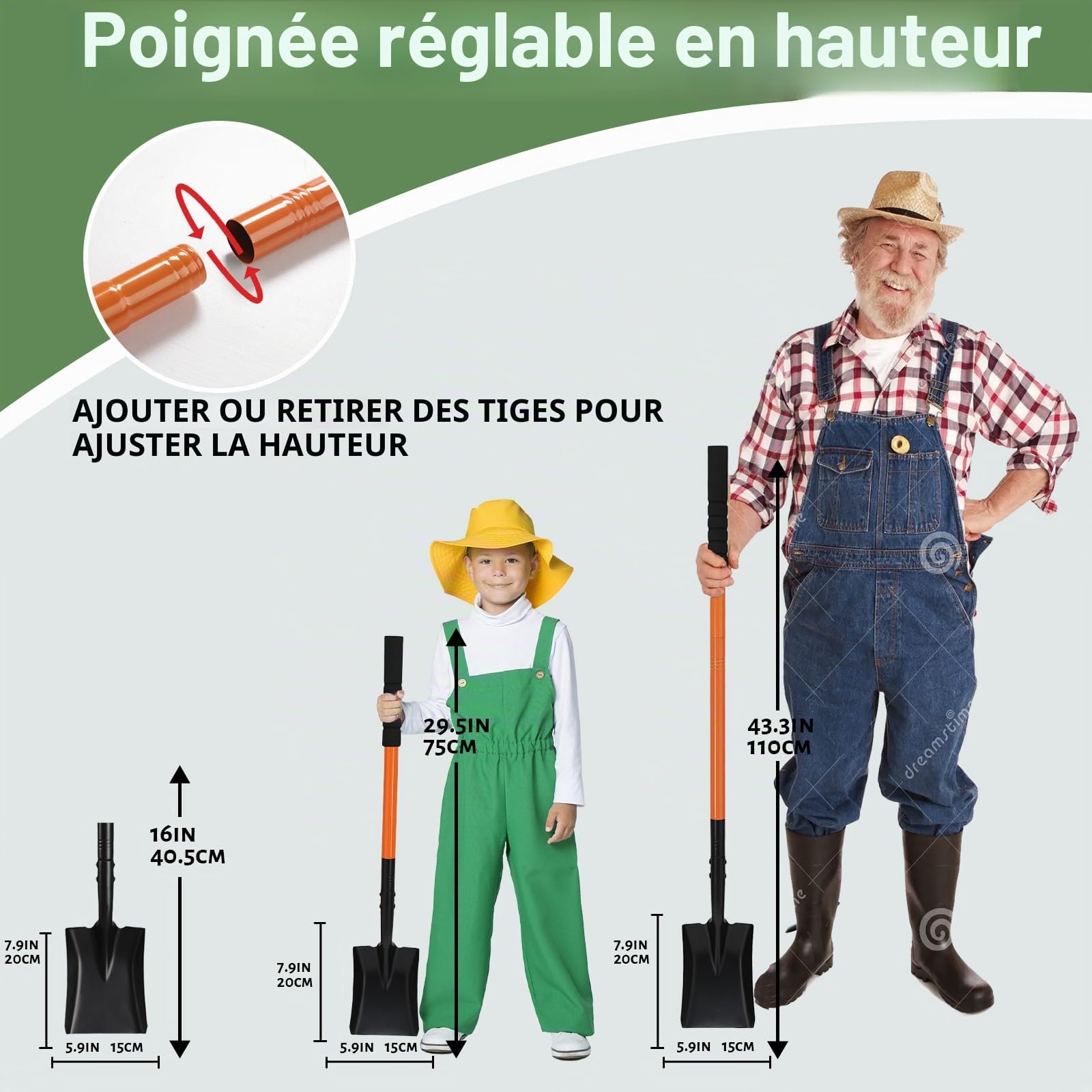 Petites Pelle Jardinage avec Manche en Acier Inoxydable de 110 cm, pelles en métal détachables très résistantes pour Le Jardinage, Le Camping et Le creusement de tranchées, Noires