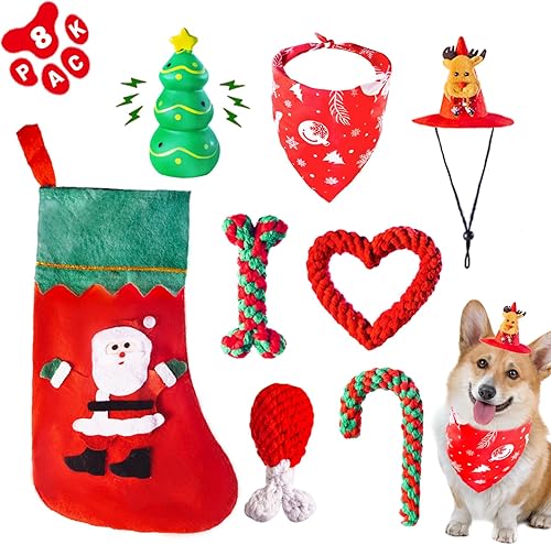 8 piezas de juguetes de Navidad para perros, regalos para perros pequeños y medianos con sombrero y pañuelo, calcetines de Navidad para perros con disponible en Yaxa Peru