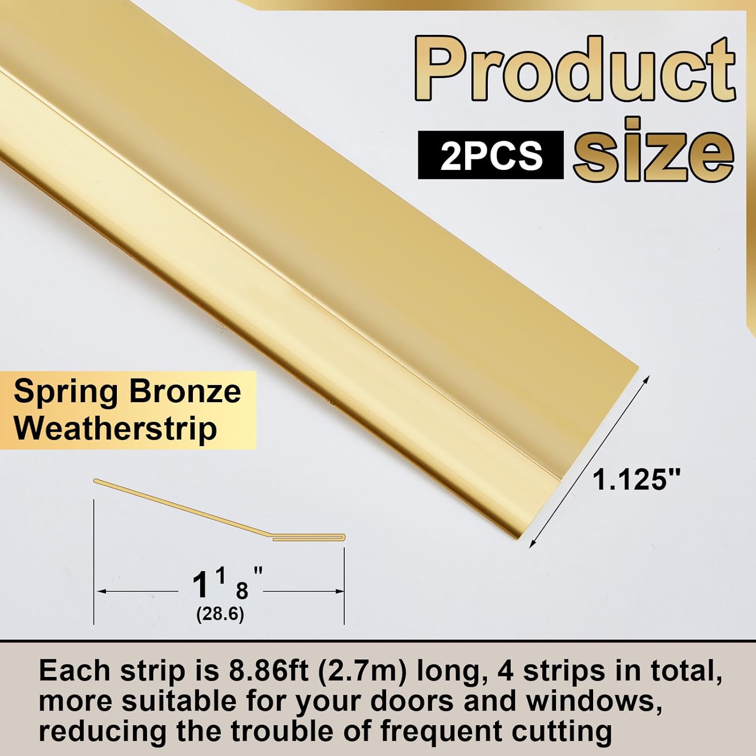 Zonon 1-1/8" W x 17.72' L Spring Bronze Weather Stripping Metal Brass Weather Strip Copper Weatherstripping for Exterior Old Door or Window Seal with Mounting Nails(Flat)