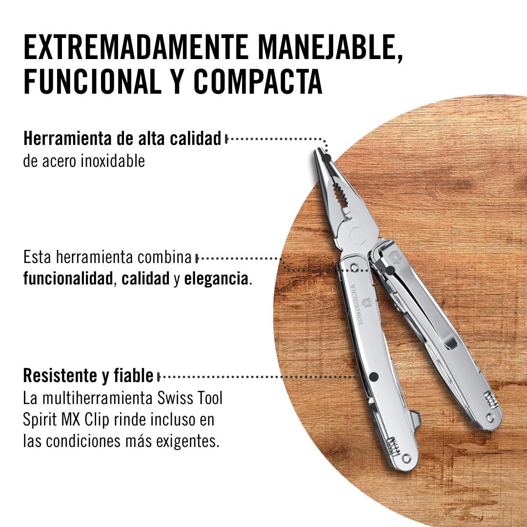 Victorinox Navaja suiza de bolsillo Swiss Tool Spirit MX Clip, 24 funciones, multiherramienta incl. alicate, destornillador, abrelatas, color plata