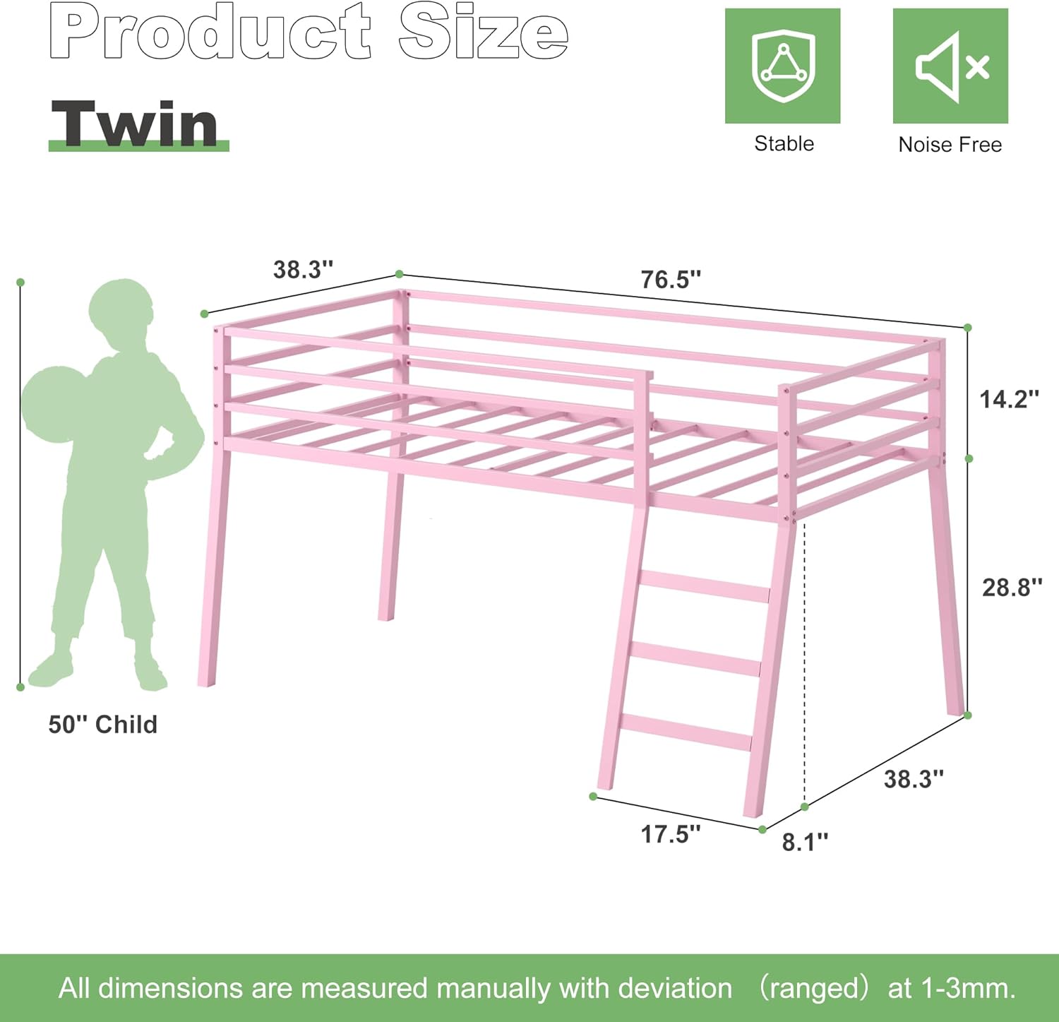 Lutown-Teen Metal Loft Bed with Stairs and Guardrail for Juniors, Space Saving Loft Bed Twin Size for Small Bedroom, Pink