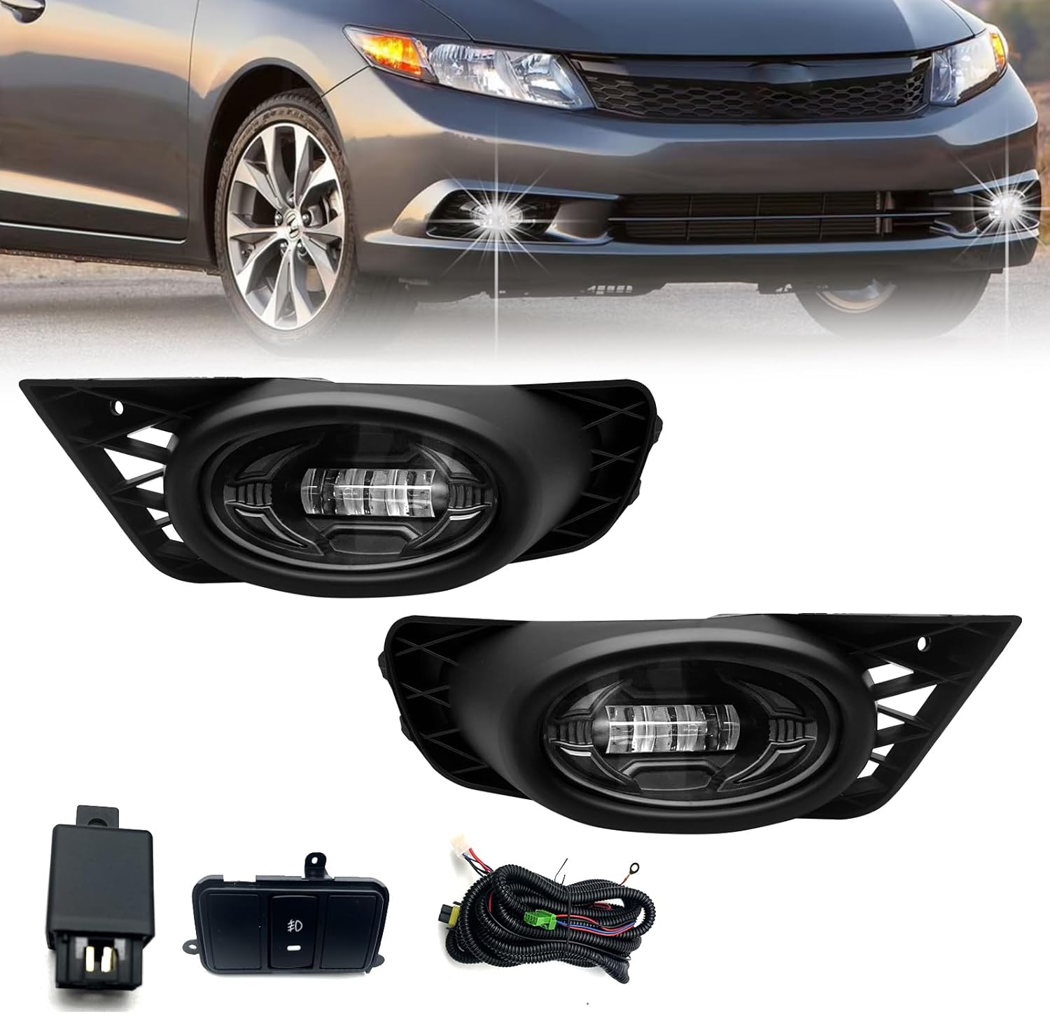 LED Fog Lights Assembly Compatible with Honda Civic Sedan 2009 2010 2011 Fog Lamps 09 10 11 Replacement, 1 Pair Of Front Bumper Driving Fog Lamps -A Pair