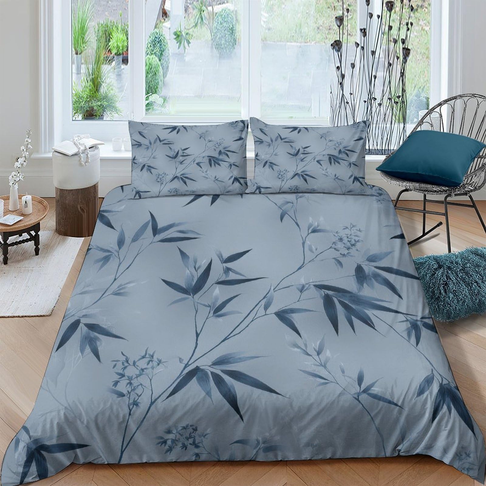 TUFRTGYHN 3D Printed Bamboo Leaves Duvet Cover Set Microfiber Soft Blue Floral Quilt Cover with 2 Pillowcases for Bedroom Single（135x200cm）