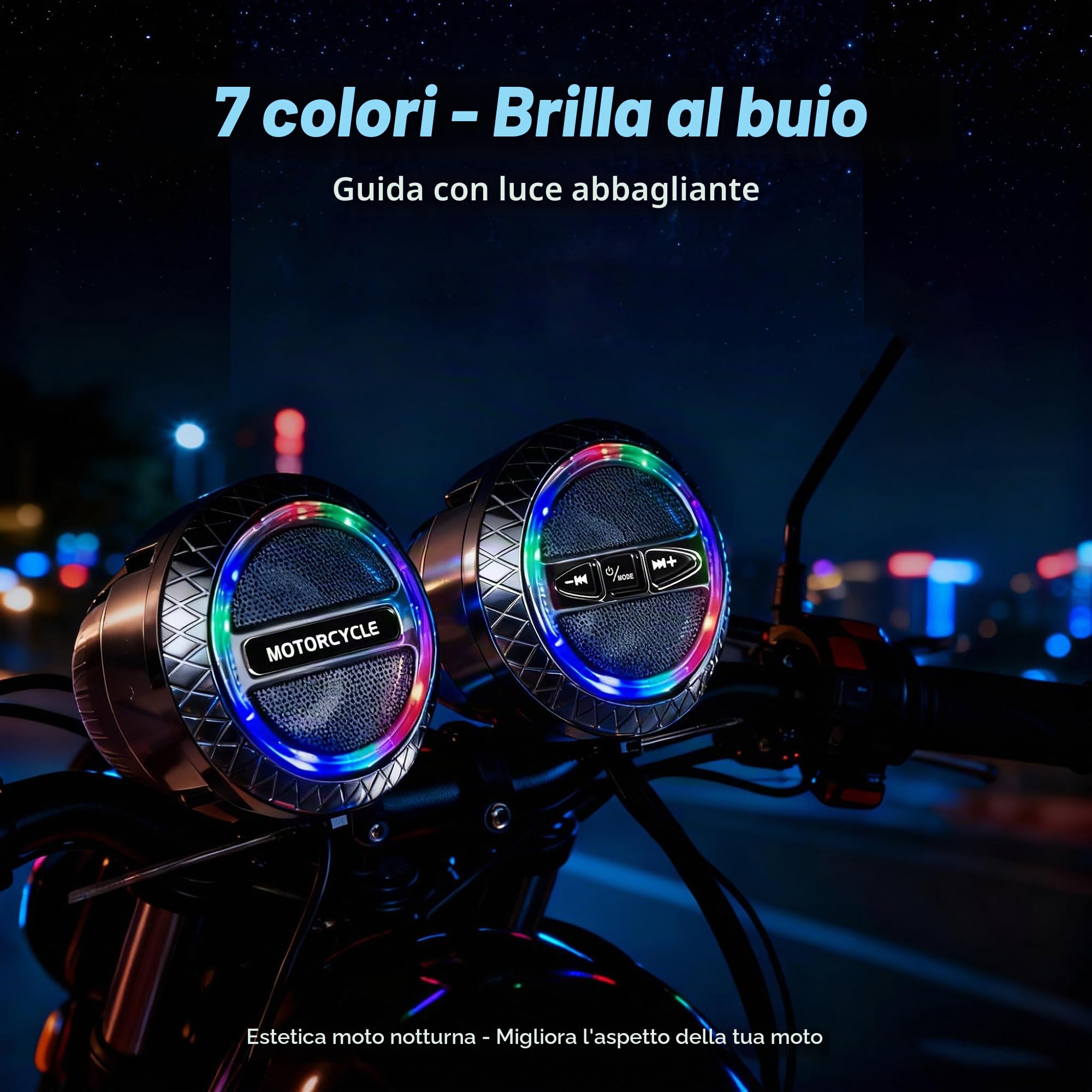 Qivine Altoparlante RGB impermeabile per manubrio di moto, 2 x 20 W, luci LED sincronizzate con la musica, Bluetooth/FM/USB, audio potente a 2 canali, sistema audio per moto, suono