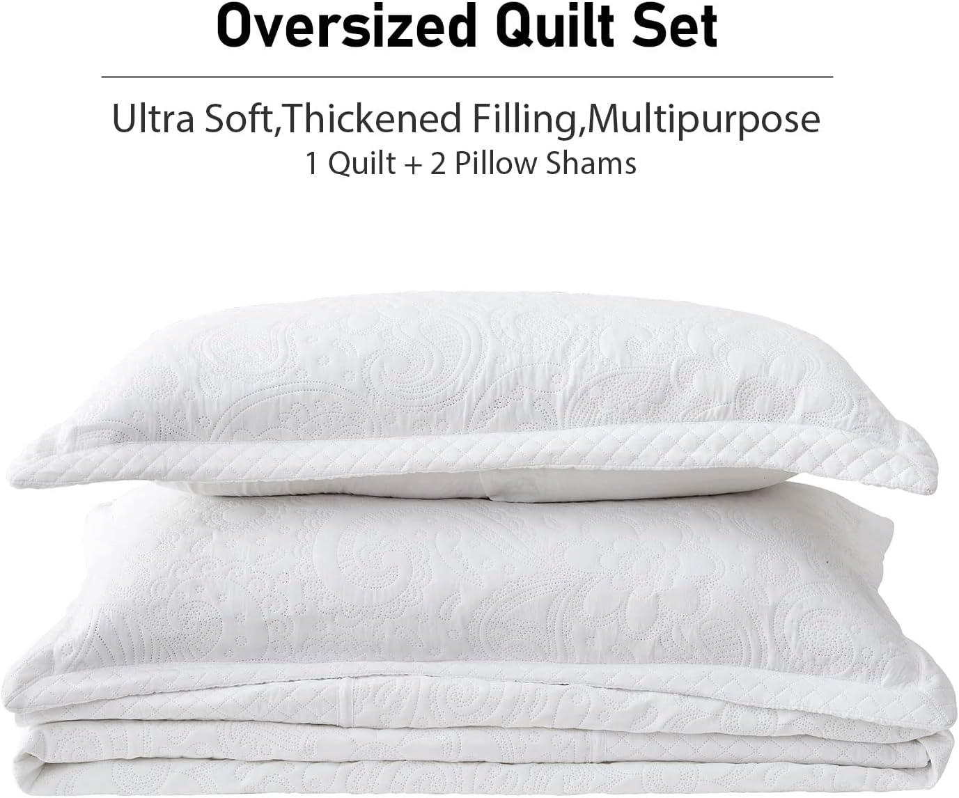 Qucover Alaska King Bedspread 132x 120, Solid White Oversized King Bedspread, 3 Piece Soft Microfiber Lightweight Oversized King Quilt Bedding Set, with Pillow Shams, Comforter with Paisley Pattern