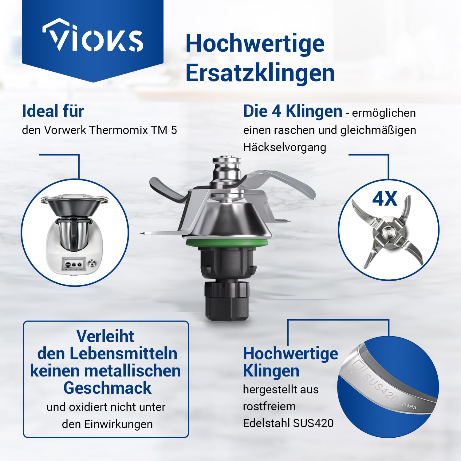 VIOKS Alternativ Messer kompatibel mit Thеrmomix TM5 | Ersatzmesser Mixmesser, aus Edelstahl SUS420, für Küchenmaschine