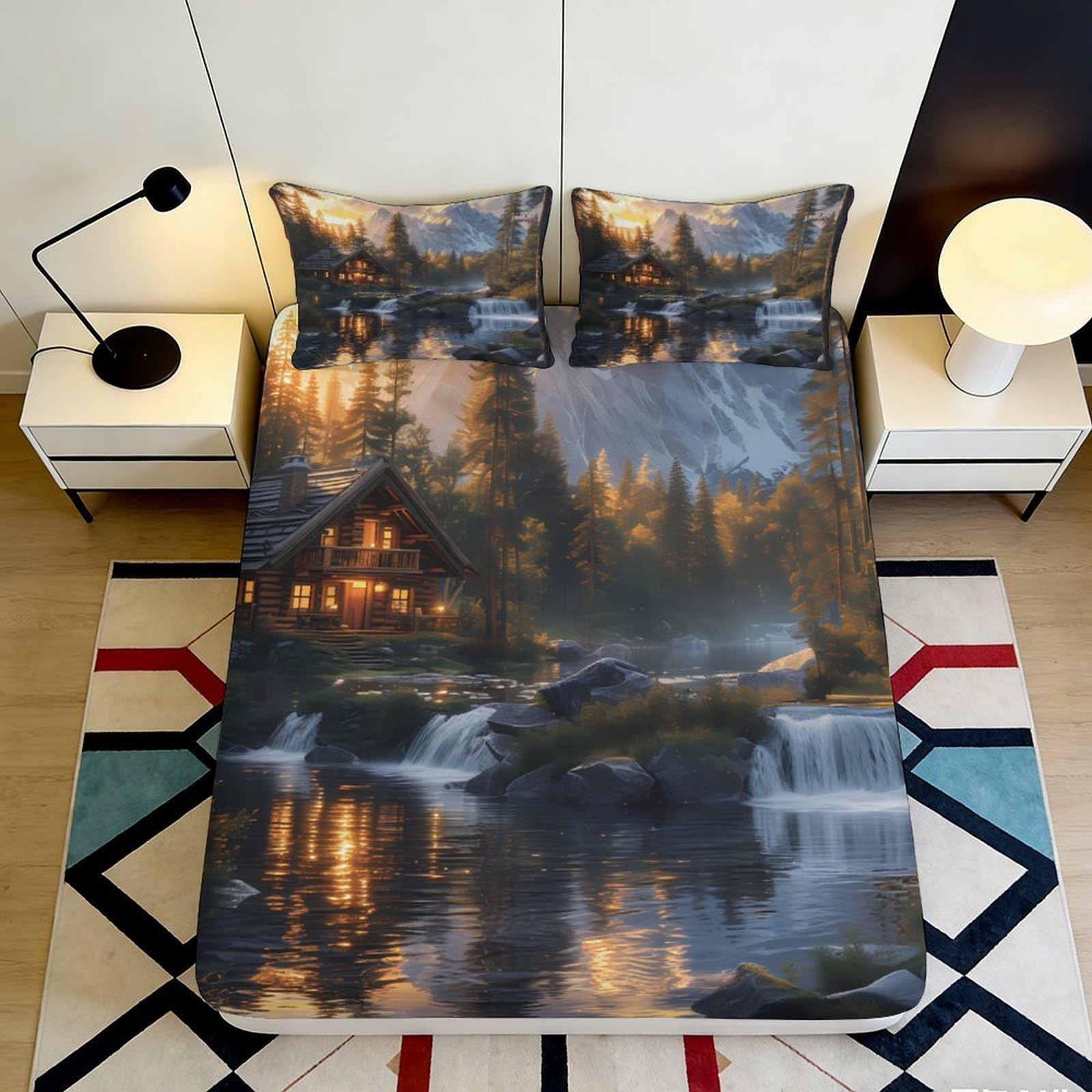 Pnayamiorkfel Style-2 3D Printed Cabin Forest Fitted Sheet Microfiber Soft Waterfall Lake Bed Cover For Bedroom Dorm Mattress Protection Decor 90X200x25cm