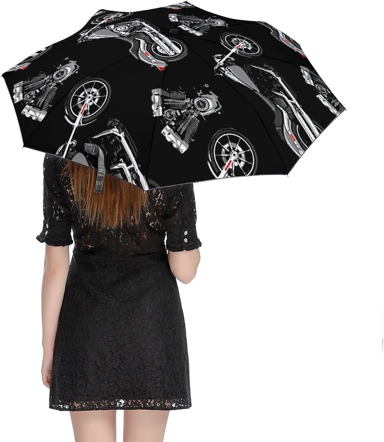 Windproof Travel Umbrella Cool Black Motorcycle, Automatic Umbrellas for Rain & Sun, Outdoor Portable Sun Umbrellas, Durable & Compact Umbrella with Case