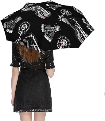 Windproof Travel Umbrella Cool Black Motorcycle, Automatic Umbrellas for Rain & Sun, Outdoor Portable Sun Umbrellas, Durable & Compact Umbrella with Case
