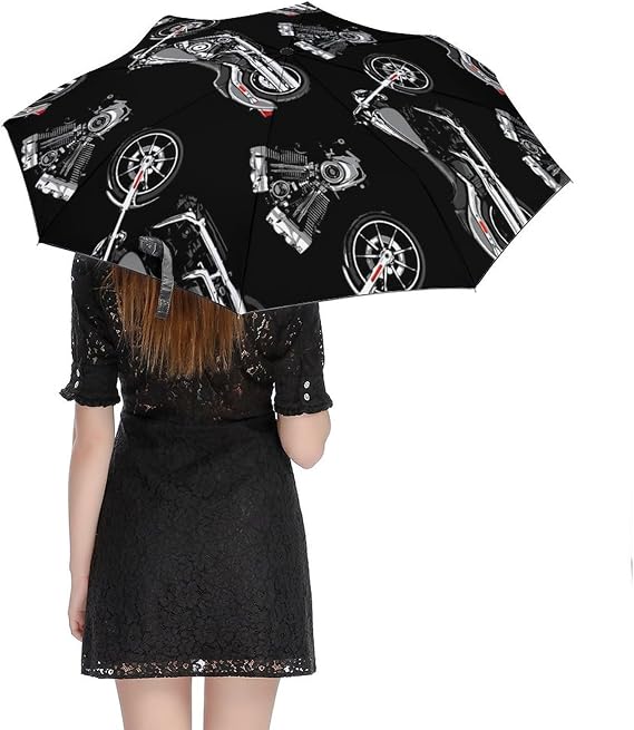 Windproof Travel Umbrella Cool Black Motorcycle, Automatic Umbrellas for Rain & Sun, Outdoor Portable Sun Umbrellas, Durable & Compact Umbrella with Case
