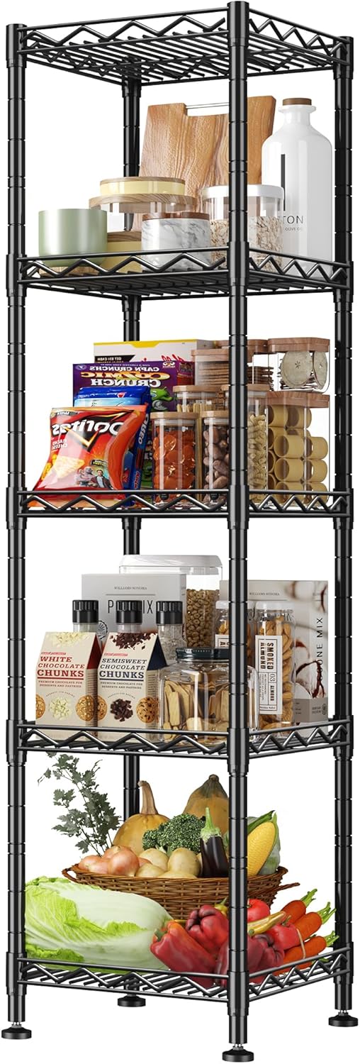 5 Tier Metal Shelving Unit Wire Shelves Storage Rack:Adjustable Storage Shelves Standing Bathroom Shelf and Narrow Small Shelf for Kitchen Pantry Closet Laundry Dorm Office 12''Wx12''Dx49''H Black