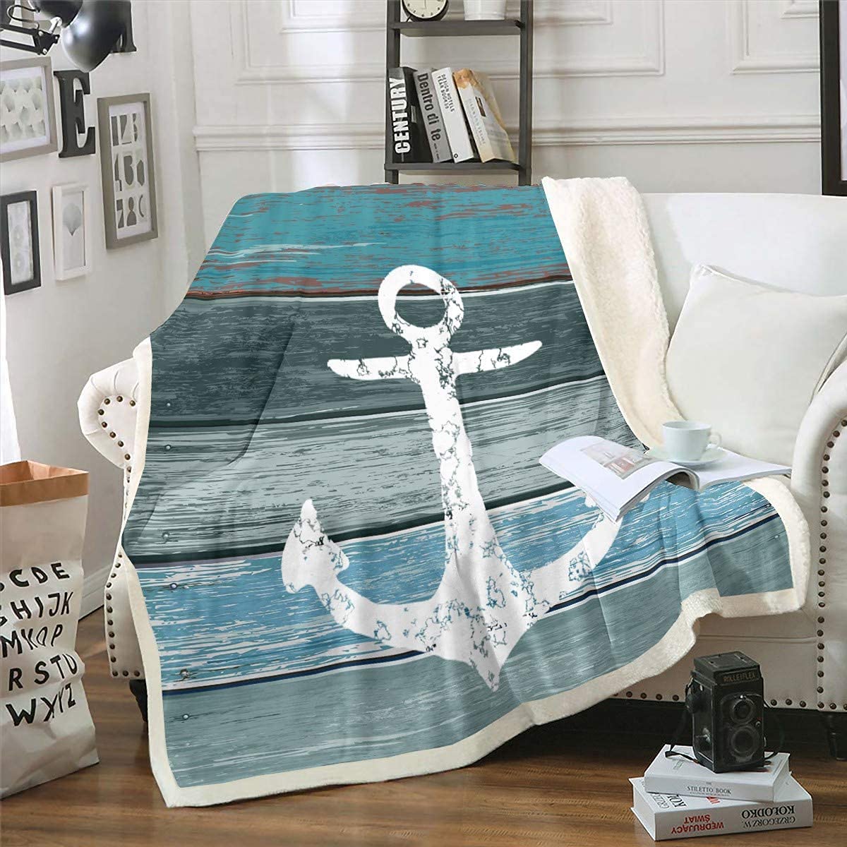 Homemissing Multicolored 12 Anchor Sherpa Blanket Nautical Fleece Throw Blanket Timeworn Weathered Wooden Planks Rustic Plush Blanket Soft Fuzzy Blanket Teal,Blue Single 50X60 Inch