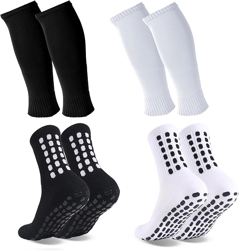 2 Set Grip Soccer Socks with Shin Guard Sleeves Non Slip Soccer Leg Sleeve Socks for Men Women