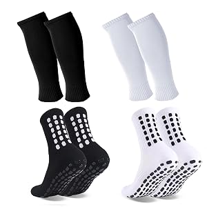 2 Set Grip Soccer Socks and Shin Guard Sleeves Non Slip Soccer Sleeve Socks for Men Women