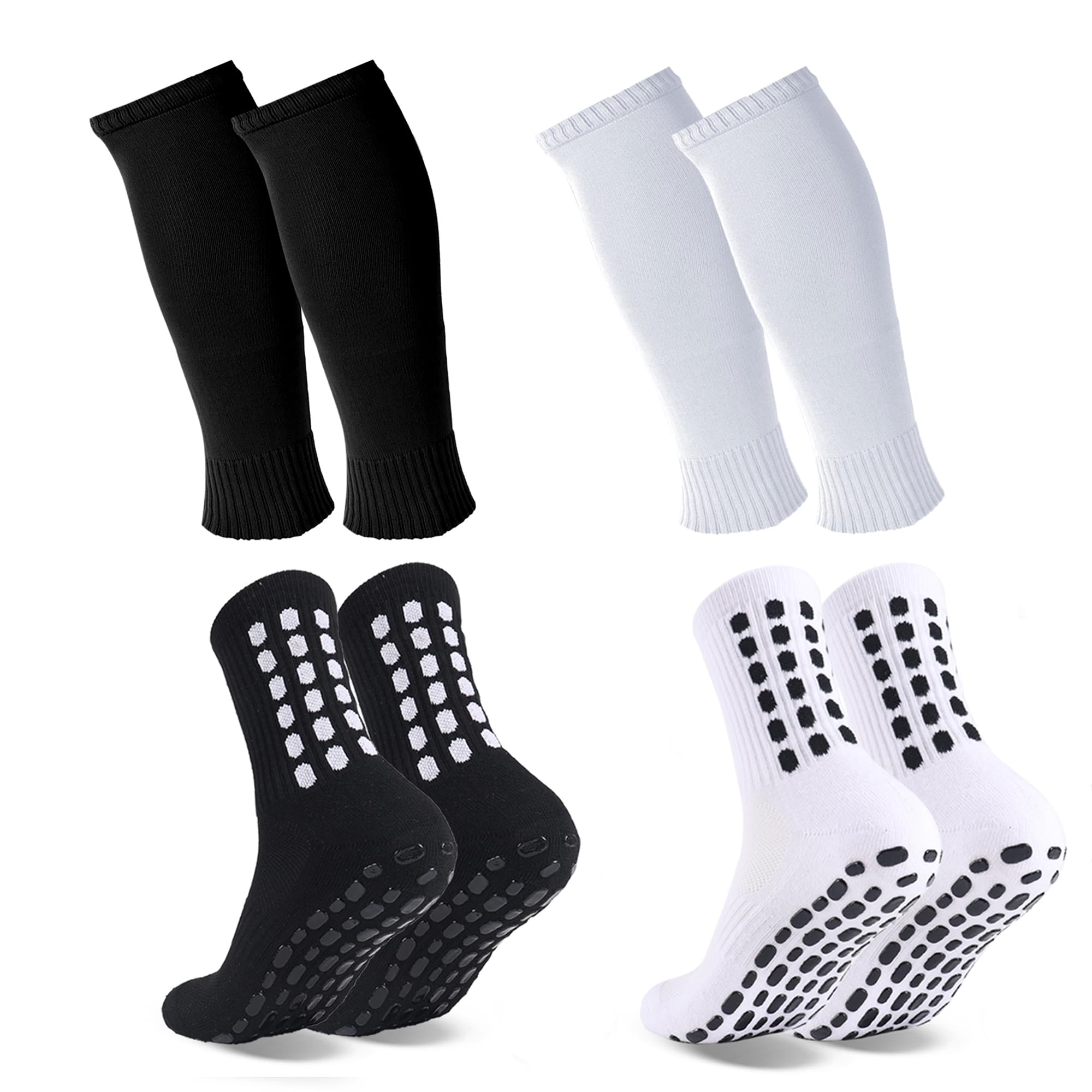2 Set Grip Soccer Socks and Shin Guard Sleeves Non Slip Soccer Sleeve Socks for Men Women