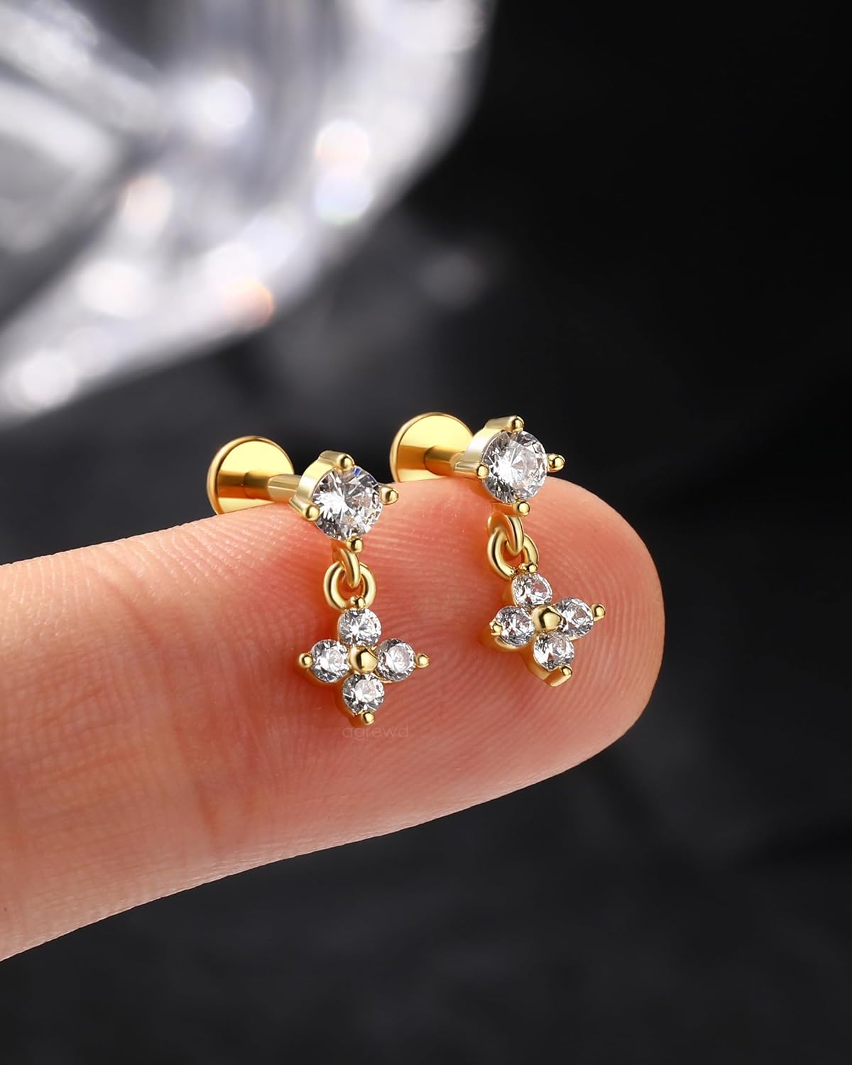 Flat Back Dangling Flower Titanium Cartilage Earring 16G Gold Plated Helix Earrings Push in Helix Tragus Piercing Jewelry Surgical Steel 6/8MM - Image 7
