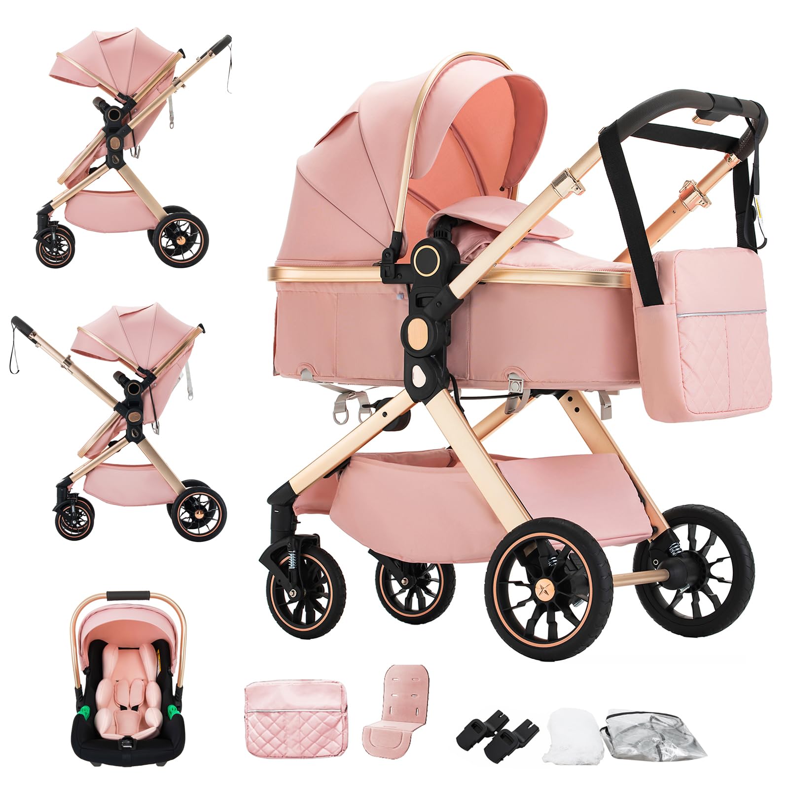 BEBBY 3-in-1 Kinderwagen KombiKinderwagen-Set 2-in-1 Buggy faltbar Luxus Hochlandschaft Neugeborenes Tragbarer Zusammenklappbarer Kinderwagen Travel System (U9-X-PINK, U9-X)