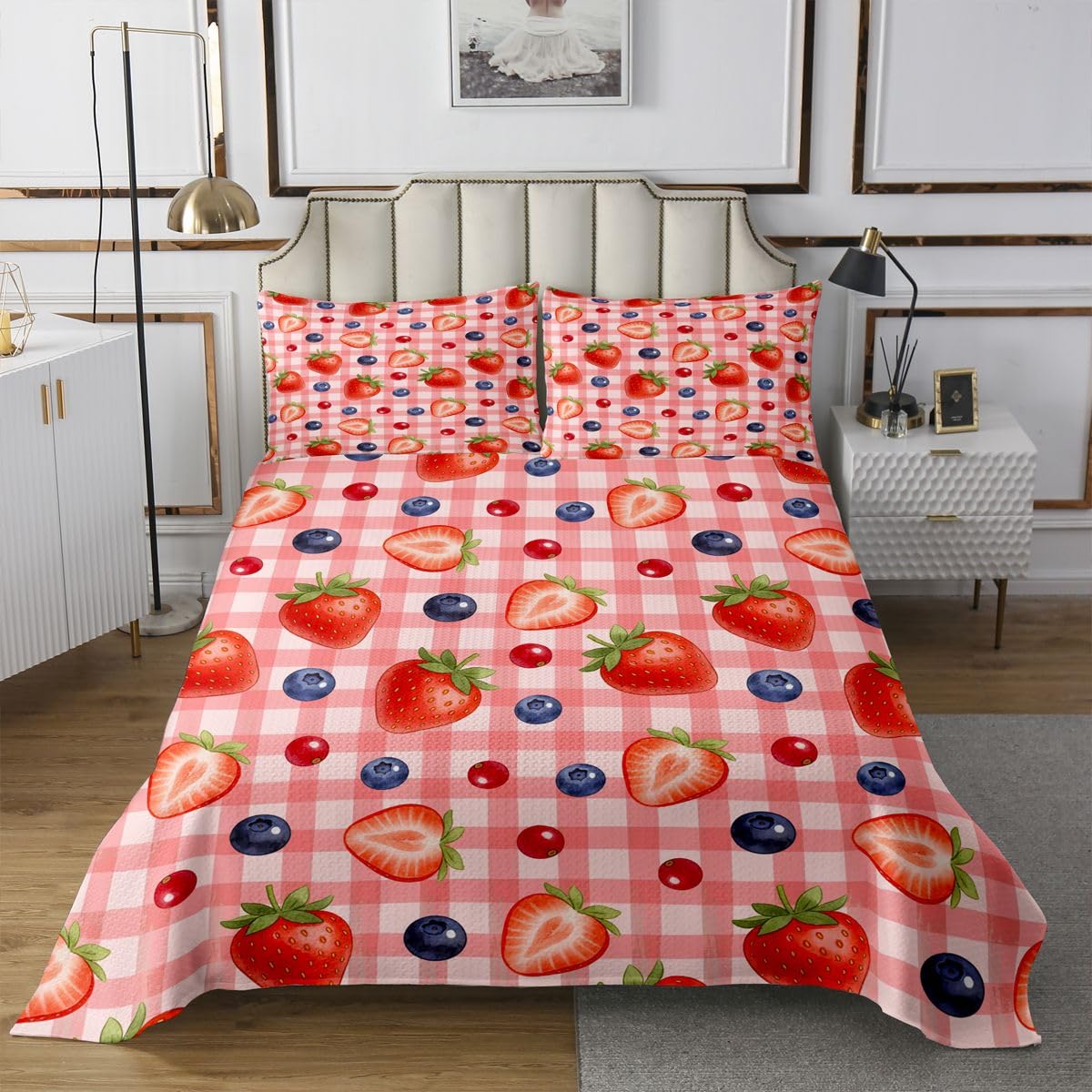 Akwarelowa, truskawkowa narzuta na łóżko, 1 poszewka na poduszkę, Kawaii, owoce, jagody, kratka, patchwork, dla dzieci, nastolatków, kreskówka 3D, jedzenie, owoce, czerwona, zestaw pościeli