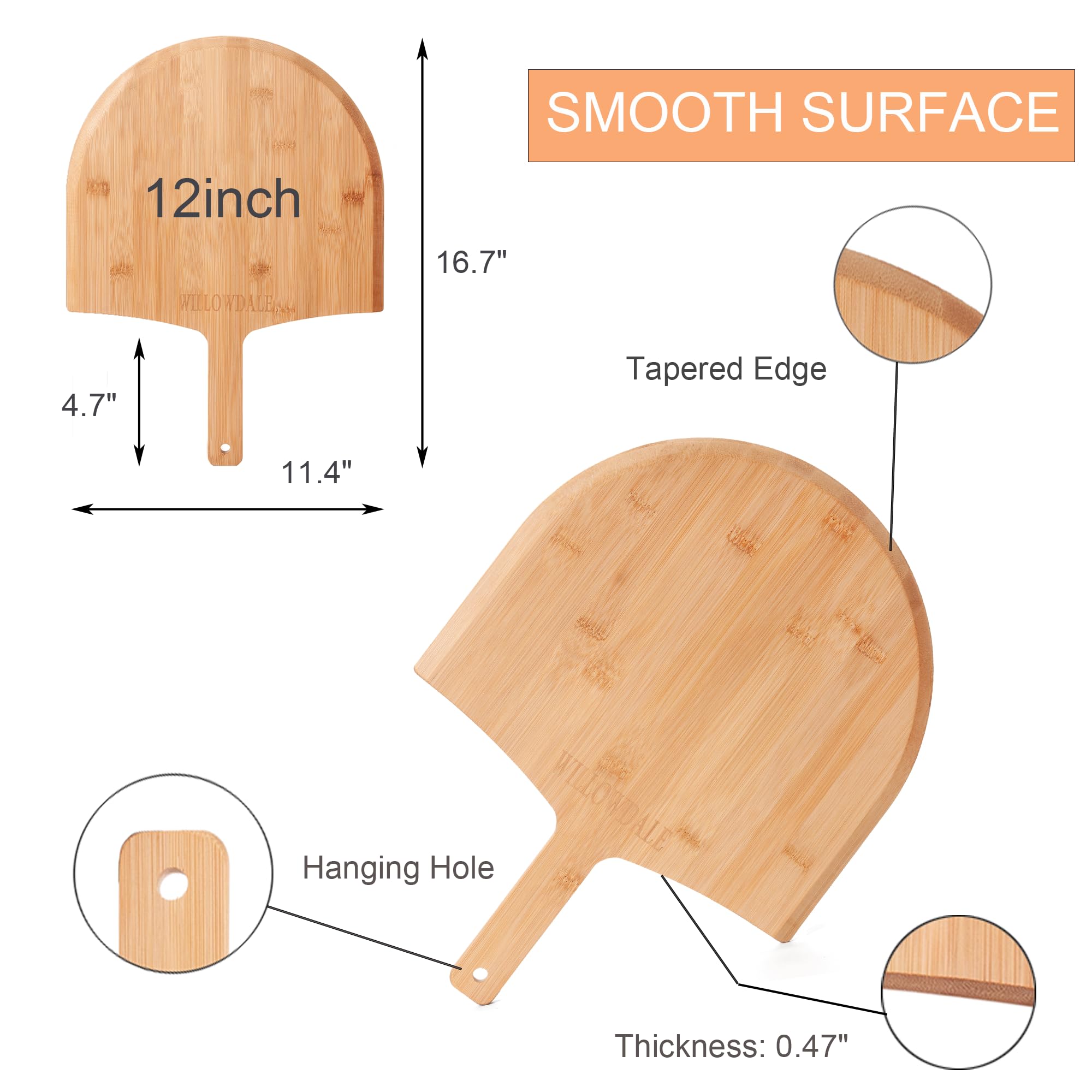 WILLOWDALE Pizzaschieber aus Holz, 30,5 cm, 2 Stück, Küchen-Bambus-Pizzaschaufel, großes Pizzaofen-Zubehör zum Backen mit Griff, Holzschneide-Servierbrett für Käse, Brot, Kuchen, Obst, Gemüse