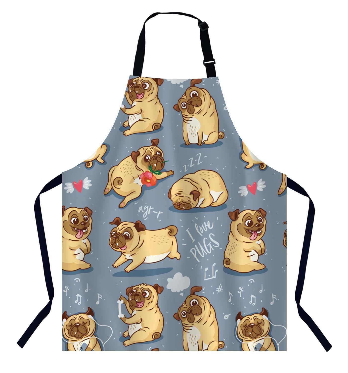 BGBDEIA Pug Puppies Dog Cartoon Bull Terrier Baby Animal Kitchen Apron for Women Men, Adjustable Apron Chef Bakers Apron Cooking Apron Cooking Baking Gardening