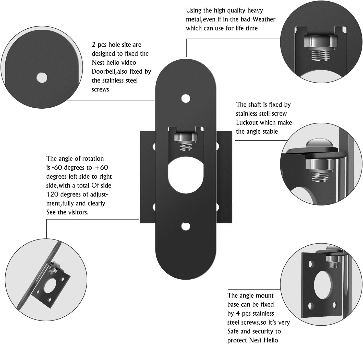 POPMAS Horizontal Adjustable Mount for Google Nest Doorbell (Wired) Left 60 to Right 60 Degree Angle Adapter Bracket