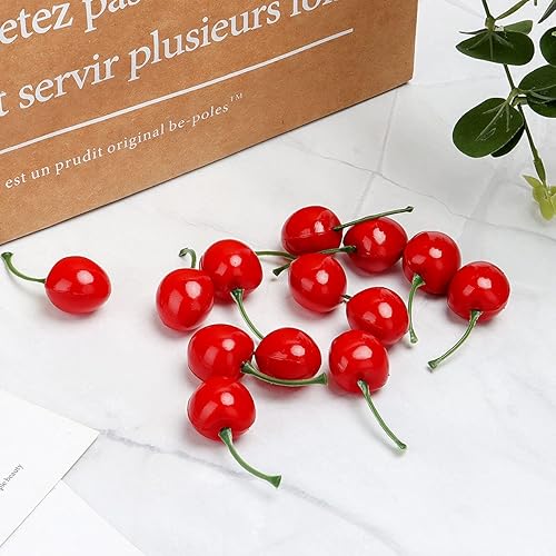 Miniatura 3 de SPENCER Paquete de 30 cerezas falsas de cereza artificial, modelo de frutas falsas, cerezas de simulación para el hogar, cocina, mesa, fiesta,