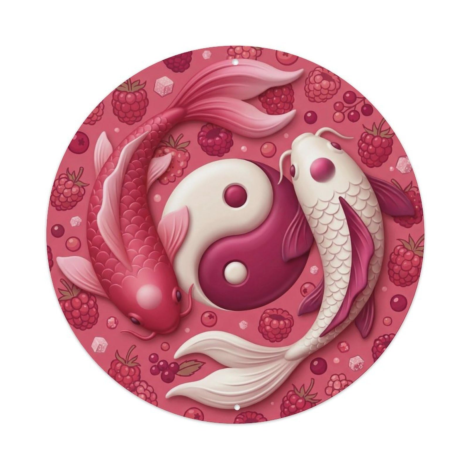 Tai Chi Koi Fish Raspberry Red Pink Berry Fresh Sweet Metal Tin Sign