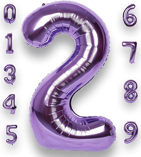 Globo de número 2 de 40 pulgadas para niño o niña, color morado grande 0-9, globos grandes de Mylar de 2 números, suministros de decoración de