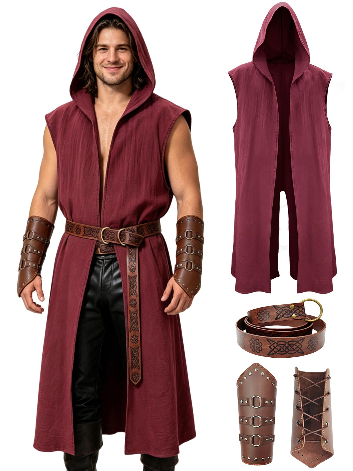 Verceco Men’s Renaissance Costume Set – Medieval/Renaissance Costume for Men with Hooded Surcoat, Leather Belt & Bracers (Wine Red, XL)