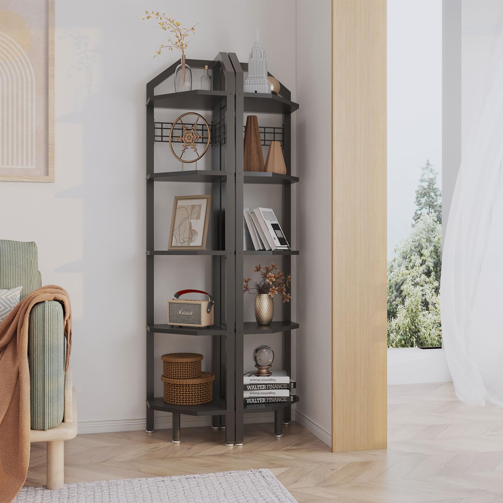 YMYNY Étagère d'angle à 5 Niveaux, Hauteur 176 cm, étagère de Rangement Multi-usages, pour Salon, Salle de Bain, Cuisine, Chambre à Coucher, Bureau, Style Industriel Noir HBR006B