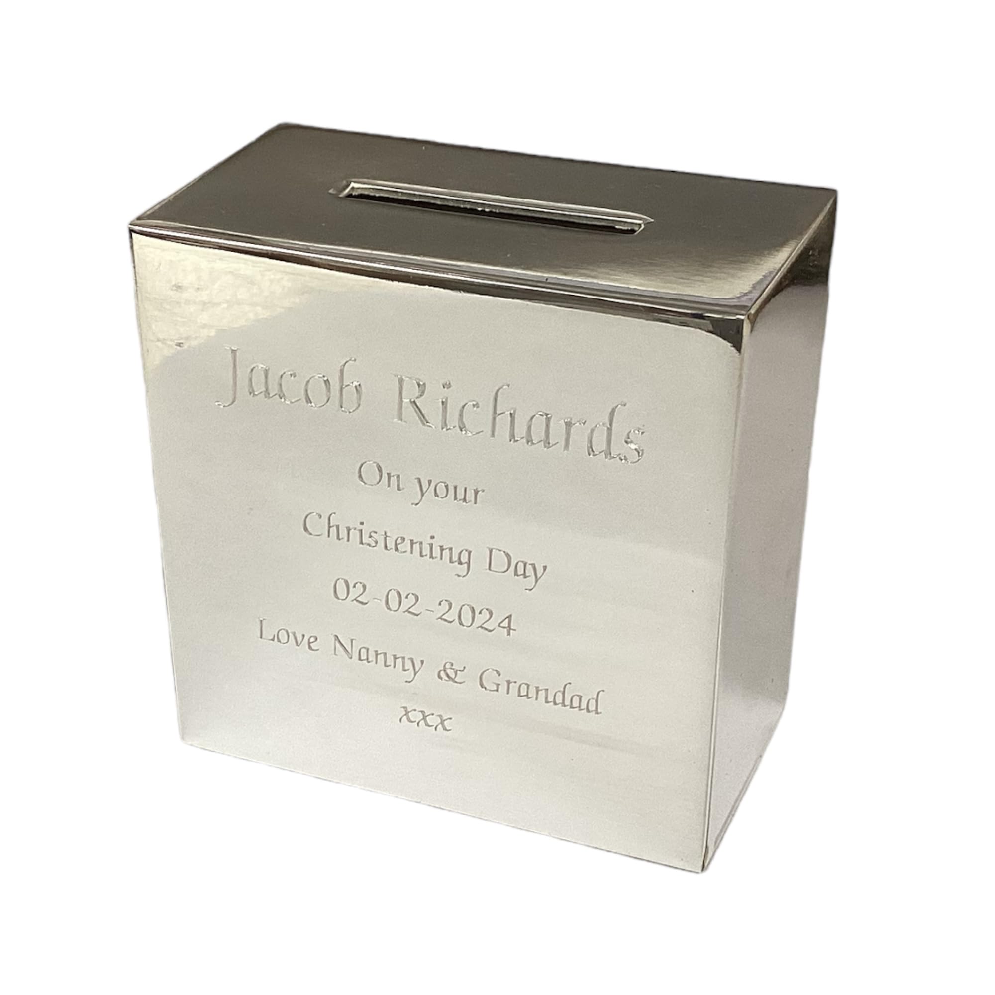 Personalised Silver Plated Money Box - Engraved with a message of your choosing - Christening Birthday gift