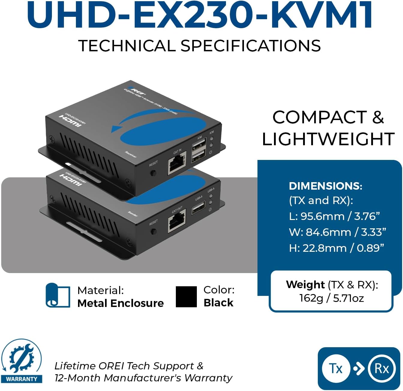 OREI 4K HDMI Extender Over Ethernet With KVM - 4K@60Hz Up To 230 Feet Over CAT 6/7 - USB 1.1 Keyboard And Mouse Support, Loop Out, Power Over Cable