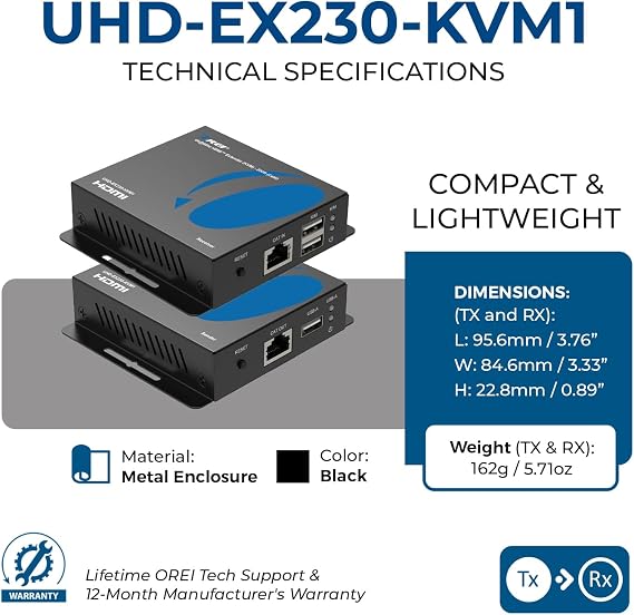 OREI 4K HDMI Extender Over Ethernet With KVM - 4K@60Hz Up To 230 Feet Over CAT 6/7 - USB 1.1 Keyboard And Mouse Support, Loop Out, Power Over Cable
