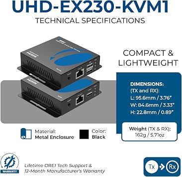 OREI 4K HDMI Extender Over Ethernet With KVM - 4K@60Hz Up To 230 Feet Over CAT 6/7 - USB 1.1 Keyboard And Mouse Support, Loop Out, Power Over Cable