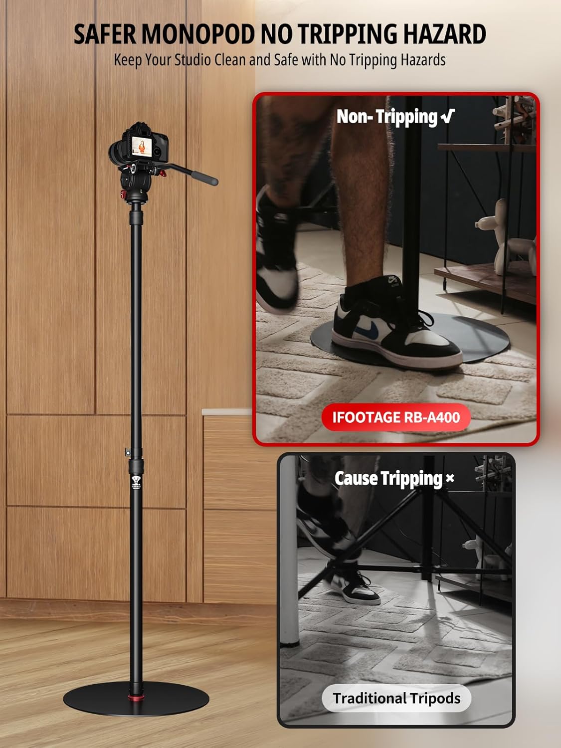 IFOOTAGE 2 Pack Round Base Monopod,15.75"/40cm Diameter,Max.Payload 22lbs/10KG,Aluminium Alloy Stable Structure, Height 30.28"/76.9cm~79.4"/201.6cm,for LED Video Light,2*RB-A400