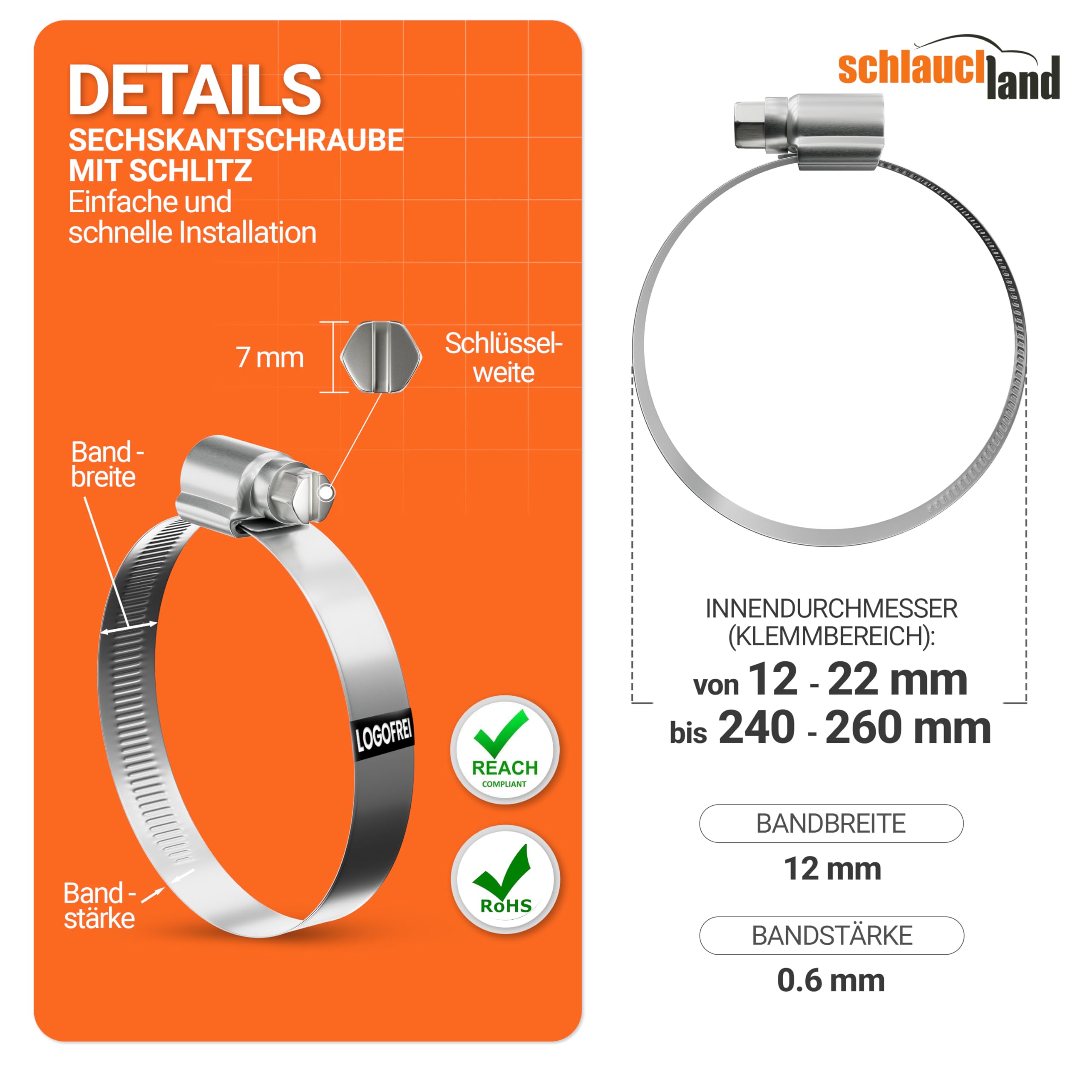 10 Stück SCHLAUCHSCHELLE EDELSTAHL-SCHELLE Ø 220-240mm DIN 3017 W4-QUALITÄT 100% Edelstahl INOX V2A 1.4301 | GRÖSSEN 12-260mm & 1/10/20/50/100er Pack | 12mm Schnecken-Gewinde Schlauch-Klemme TOP