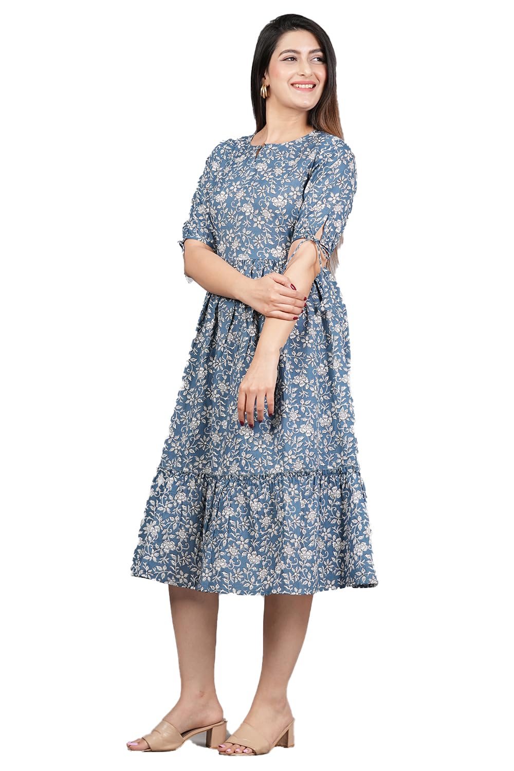 Kuruti B SheetsCotton Floral Flared Western Dress Calf Length Printed Frock Anarkali Kurti for Women | Kurta for Women Grey, Regular Fit, Medium