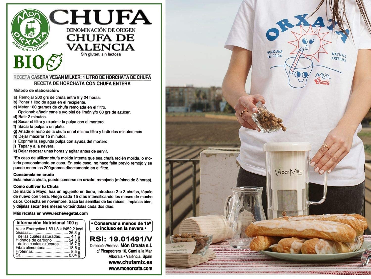 Chufa ecológica BIO 1 Kg Atmósfera protectora D.O. València - Món Orxata. Ideal para consumo en crudo o para elaboración de horchata. Conservar a menos de 15º
